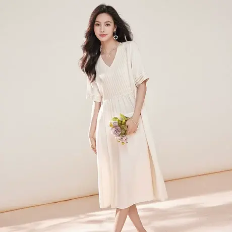 时尚短袖连衣裙2023年夏季新款淑女气质温柔V领显瘦中长款裙子图片