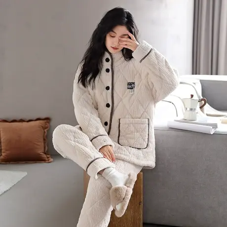 婷美珊瑚绒睡衣女士冬季三层加厚夹棉秋冬款可外穿家居服韩版套装图片