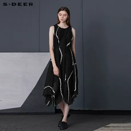 sdeer圣迪奥夏季全棉圆领收腰撞色扎染通勤无袖连衣裙女S20261215图片