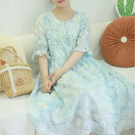 【买一送一】夏新品法式梵高印画连衣裙大码荷叶袖复古长裙图片