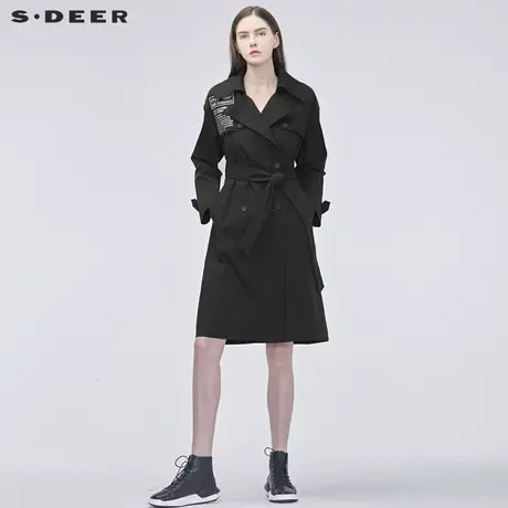 sdeer圣迪奥女装翻驳领收腰双排扣字母H型长款风衣S19181813图片