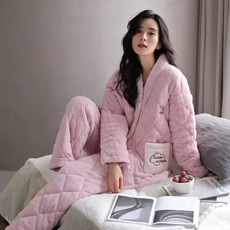 婷美秋冬季睡衣女三层夹棉加厚加绒冬天保暖珊瑚绒甜美家居服套装图片