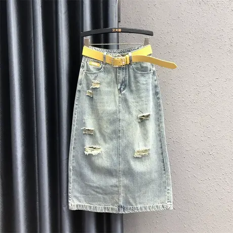 欧货休闲破洞百搭中长款包臀牛仔裙女2025春季新款高腰显瘦半身裙图片