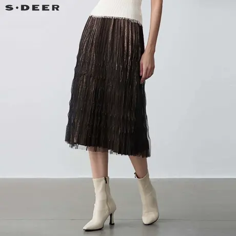 sdeer圣迪奥女装松紧百褶肌理网纱直筒长裙S23481112图片