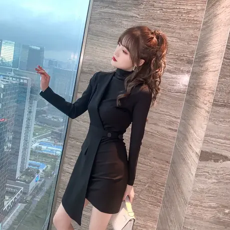 御姐风气质女神范高领连衣裙女设计感小众显瘦不规则内搭打底裙子图片