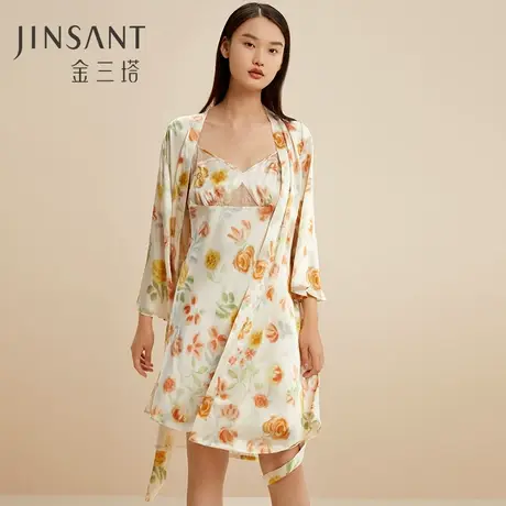金三塔100%桑蚕丝舒适睡衣女士真丝印花拼刺绣蕾丝睡袍家居服新品图片