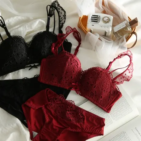 少女内衣小胸聚拢红色胸罩女上托防下垂无钢圈结婚本命年文胸套装商品大图