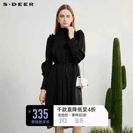 sdeer圣迪奥女装木耳边圆领收腰泡泡袖连衣裙S23181203图片