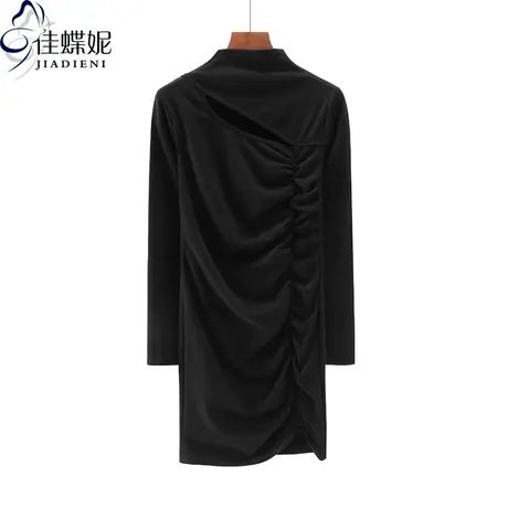早春新款韩版半高领修身纯棉纯色长款褶皱镂空纯欲长袖连衣裙女装图片