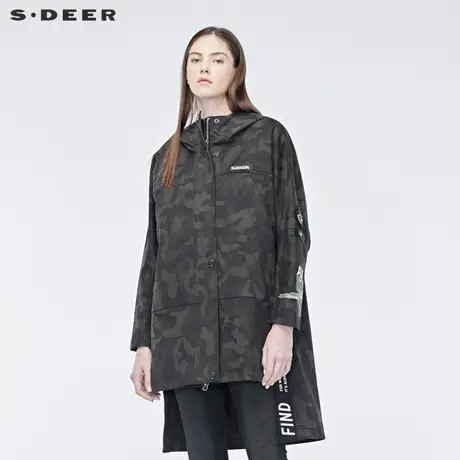 sdeer圣迪奥休闲高领连帽字母印花开衩下摆迷彩长款风衣S19181832图片