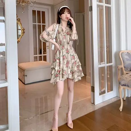 法式茶歇碎花温柔风小个子蛋糕裙收腰显瘦性感气质仙女雪纺连衣裙图片