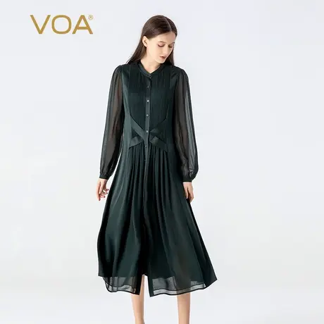 VOA弹力缎蚕丝拼接乔其丝绸墨绿立领长袖风琴褶单排扣真丝连衣裙图片