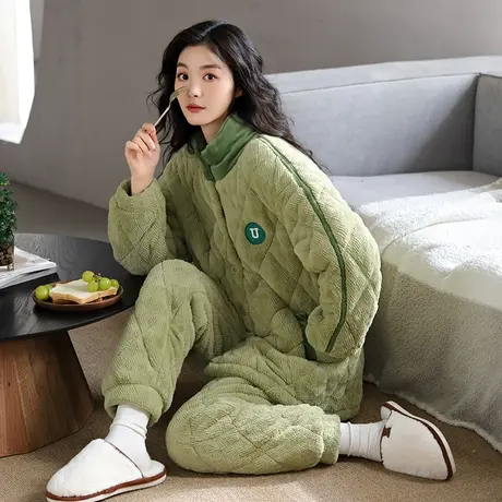 婷美秋冬季珊瑚绒睡衣女三层加厚加绒夹棉家居服保暖冬天外穿套装图片