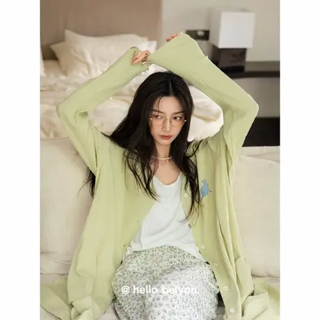 贝妍新款睡衣女士春秋季小清新V领长袖开衫外套中长款柔软棉睡裙图片