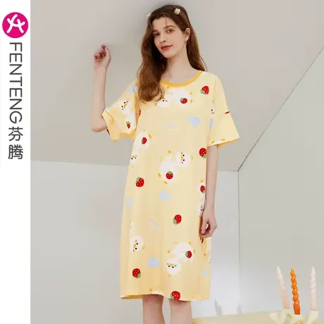 芬腾纯棉睡裙女夏季薄款中长裙可爱卡通韩版少女可外穿家居服睡衣图片