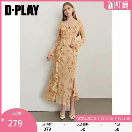 DPLAY2025年秋季新款黄色连衣裙女雪纺荷叶边印花裙子开叉长裙图片