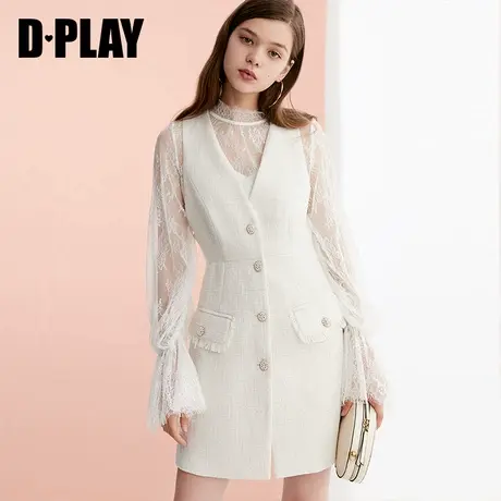 DPLAY德帕拉秋冬新款时尚白色V领小香风A字气质无袖连衣裙女图片