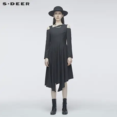 sdeer圣迪奥春装长袖露肩条纹原创设计不规则女连衣裙潮S20181214图片