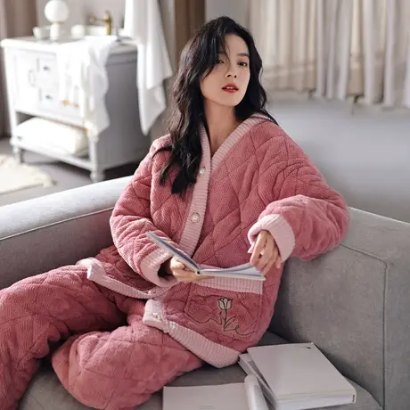 婷美秋冬季珊瑚绒睡衣女加厚加绒三层夹棉保暖玉狐绒家居服两件套图片