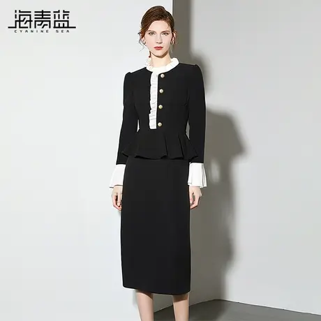 海青蓝法式小香风连衣裙女2024秋季新款名媛高级感假两件黑色裙子图片