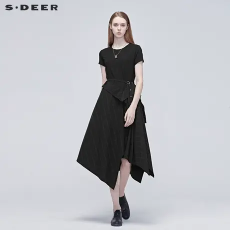 sdeer圣迪奥女装夏季不规则收腰格纹拼接连衣裙小黑裙S20281294图片