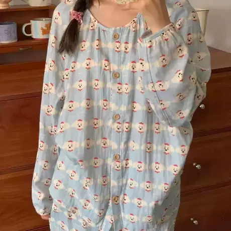 新品！春秋季可爱蓝色小狗长袖长裤睡衣柔软可爱少女家居服可外穿图片