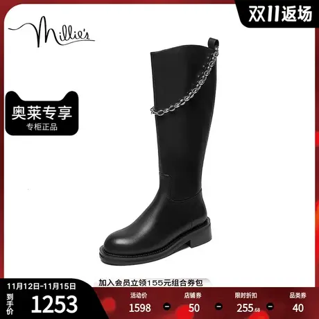 millie's妙丽2022商场同款牛皮时尚简约高筒女骑士靴26771DG2图片