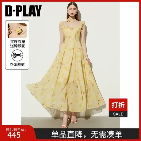 DPLAY【黑标】夏度假风黄色碎花系带玫瑰花装饰海边沙滩裙连衣裙图片