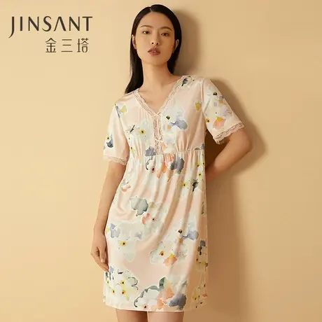 金三塔100%桑蚕丝真丝双面针织真丝很柔然亲肤女士印花睡裙家居服图片