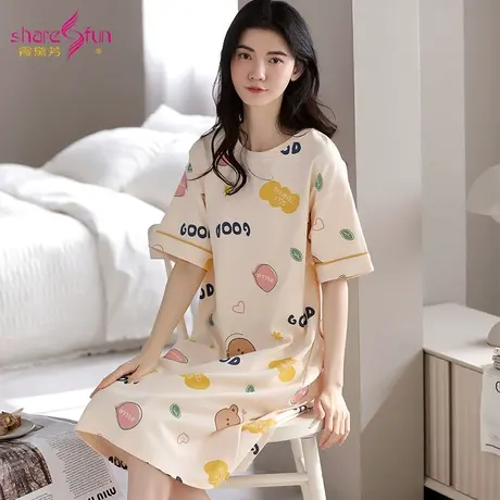 sharefun/霞黛芳【纯棉睡裙】休闲圆领短袖宽松可外穿家居服女士图片