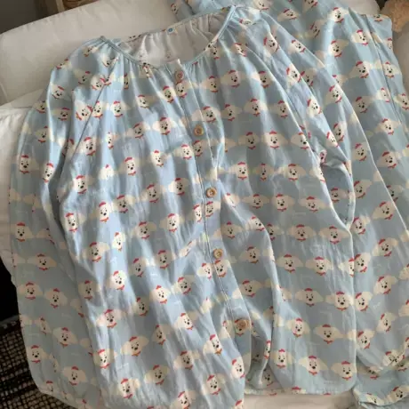 新品A类全棉双层纱蓝色小狗小翻领长袖长裤睡衣套装棉纱家居服图片