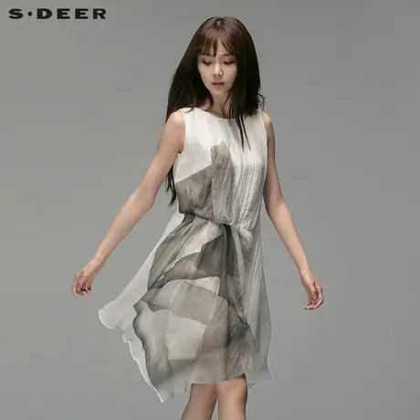 s.deer【上新】圣迪奥女装夏装抓皱感灰白几何雪纺连衣S14281284图片