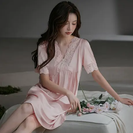 睡裙女睡衣夏性感冰丝高级感蕾丝短袖法式宫廷风连衣裙丝绸家居服图片