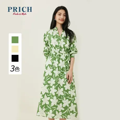 【呼呼专享】天丝棉面料PRICH2023新款复古碎花衬衫长袖连衣长裙图片