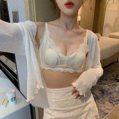 大胸显小内衣女薄款显瘦法式胸罩无钢圈上托超薄性感蕾丝文胸套装图片