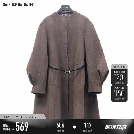 sdeer圣迪奥冬季女装复古圆领收腰格纹宽松双面呢大衣S234Z2539图片