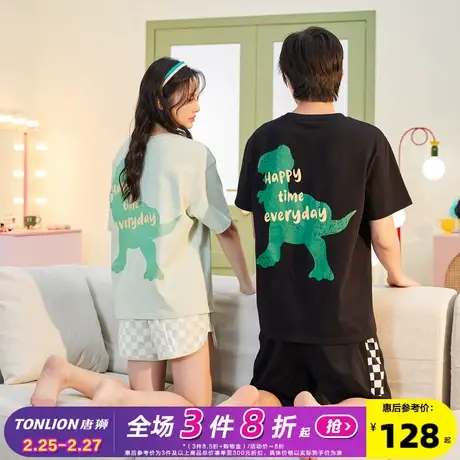唐狮夏季新款纯棉情侣睡衣女圆领短袖套装男卡通可外穿家居服J1图片