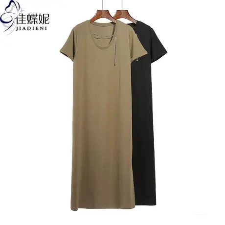 夏季新款圆领宽松休闲纯棉纯色项链长款过膝开叉短袖打底连衣裙女图片
