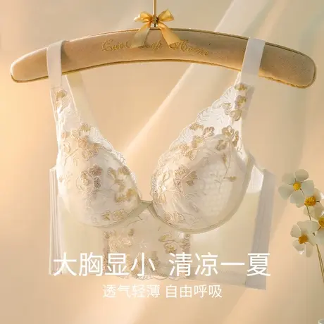 浪漫春天内衣女大胸显小无钢圈薄款上托收副乳调整型性感蕾丝文胸图片