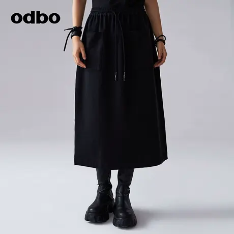 【商场同款】odbo/欧迪比欧春装新款女抽绳束腰黑色半身裙图片