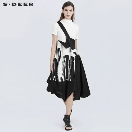 sdeer圣迪奥女夏装半高领印花假两件短袖连衣裙S21281201图片