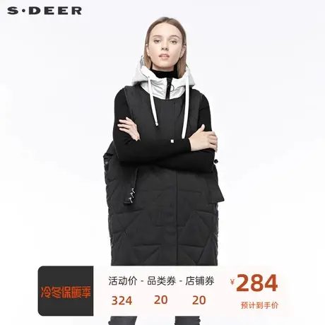 sdeer圣迪奥女2019冬高领连帽圆环插袋开衩拼接时尚背心S19481610图片