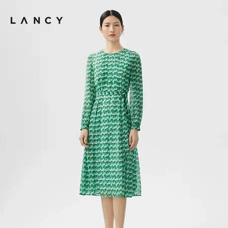 LANCY/朗姿2024春季新款中长款图形印花收腰通勤真丝连衣裙子女图片