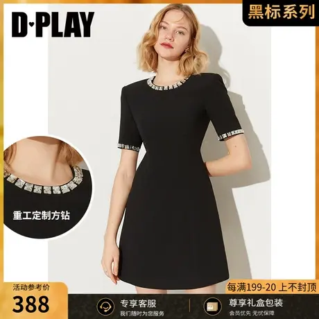 DPLAY【黑标】夏新款OL风黑色优雅重工定制方钻收腰连衣裙图片