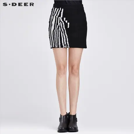 sdeer圣迪奥秋装简约黑白做旧拼贴松紧针织直筒裙短裙女S16381364图片
