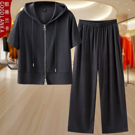 大码中年妈妈夏装连帽开衫短袖T恤两件套洋气减龄运动服休闲套装图片