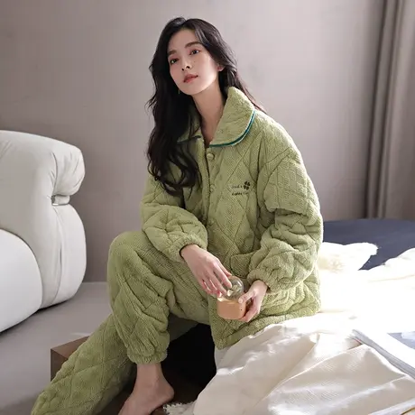 婷美冬季睡衣女珊瑚绒开衫三层加厚夹棉保暖韩版家居服棉袄两件套图片