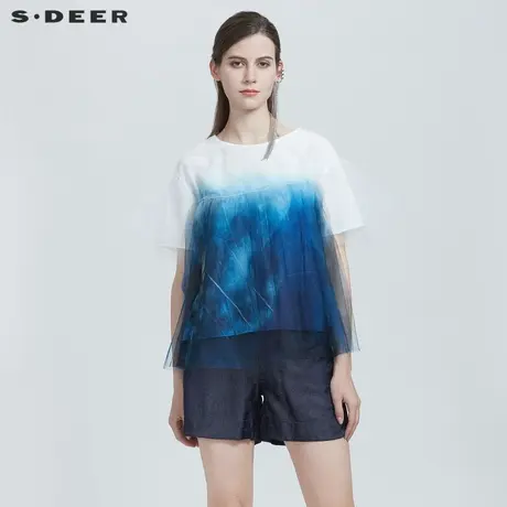 【直播间专属】sdeer圣迪奥文艺圆领扎染网纱拼接短袖S21280168图片