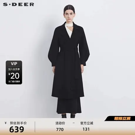 sdeer圣迪奥女装小香风西装领收腰毛呢长款大衣S234Z1801图片