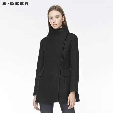 sdeer圣迪奥女冬复古休闲立领插袋蕾丝拼接黑色大衣S19481751图片
